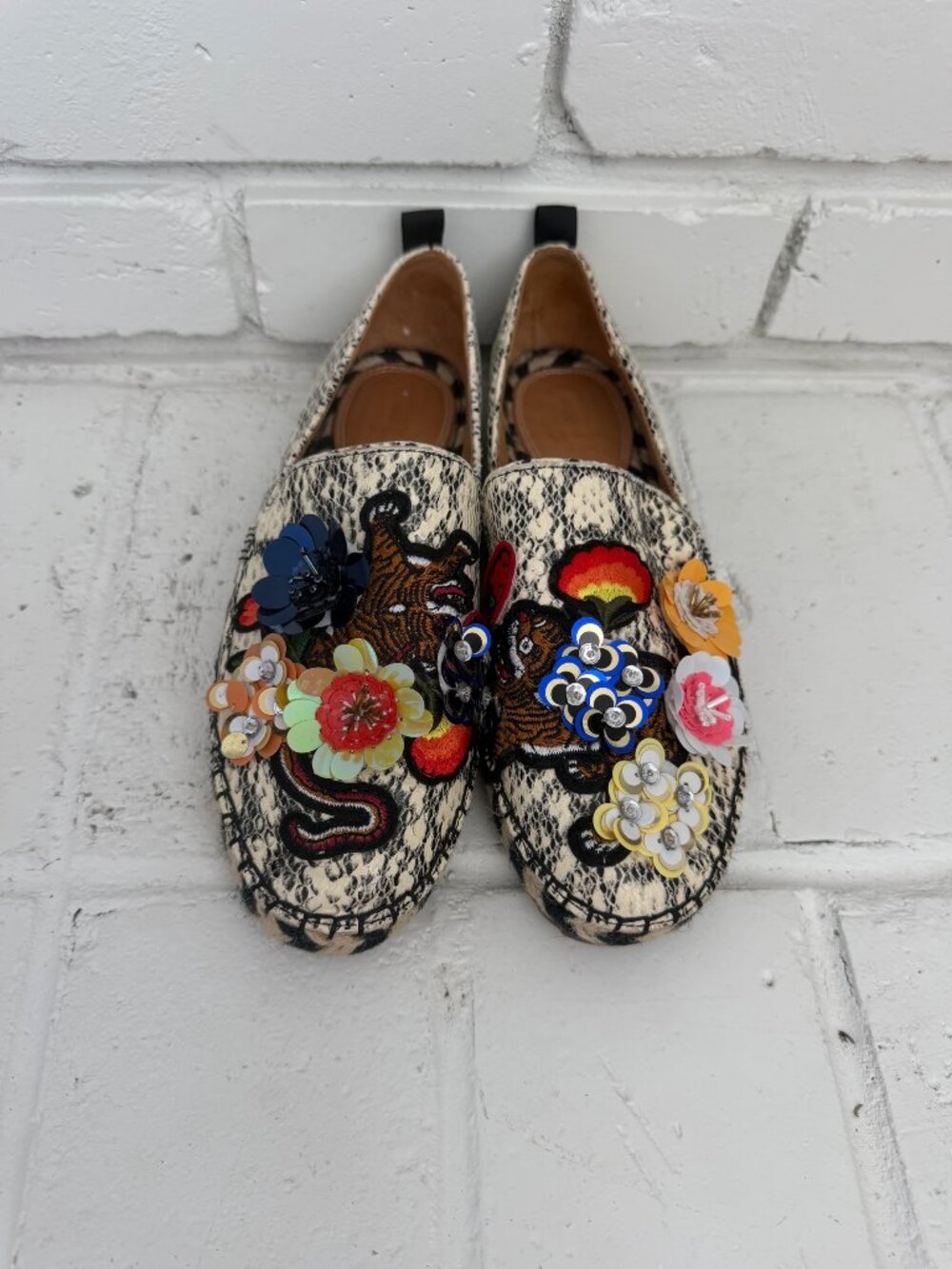 Bill Blass Snake-Print Espadrille Flats Tiger & Sequin Flower